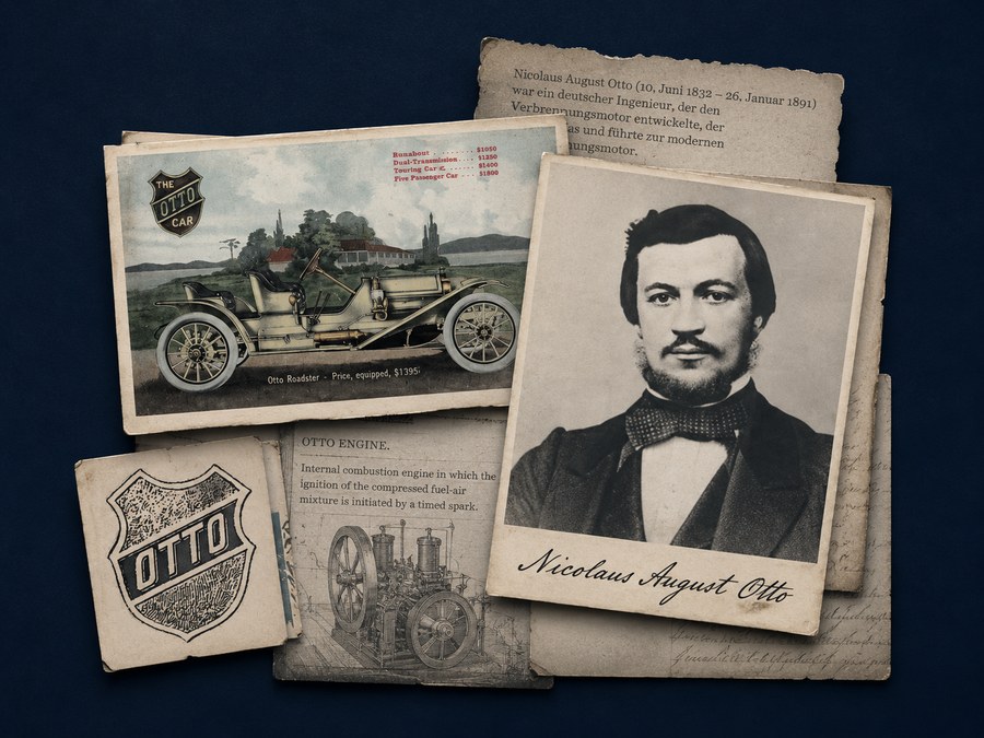 Vintage collage featuring Nicolaus Otto, an Otto automobile, and historical Otto engine materials.